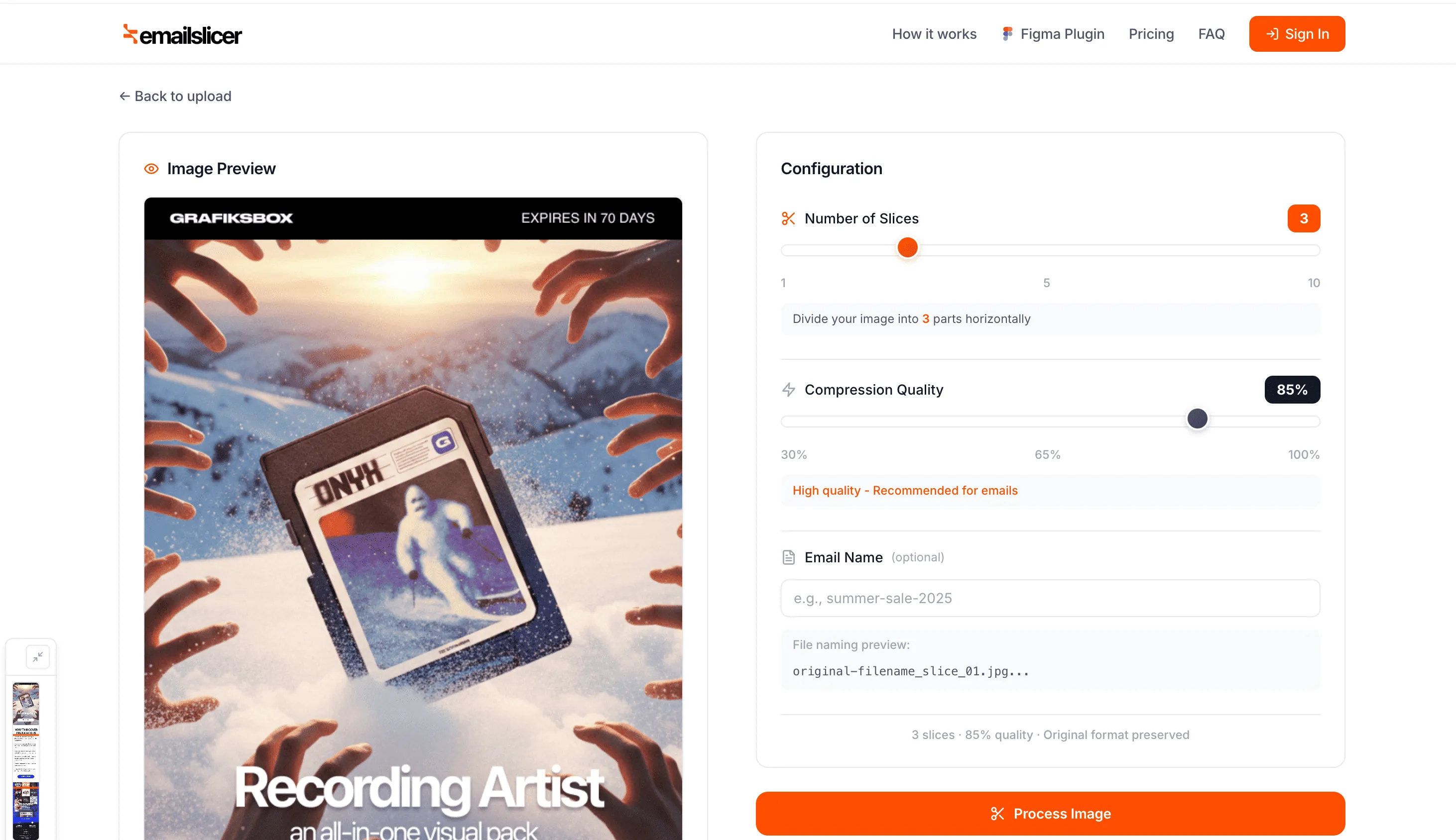 Web application interface for slicing email images with compression controls